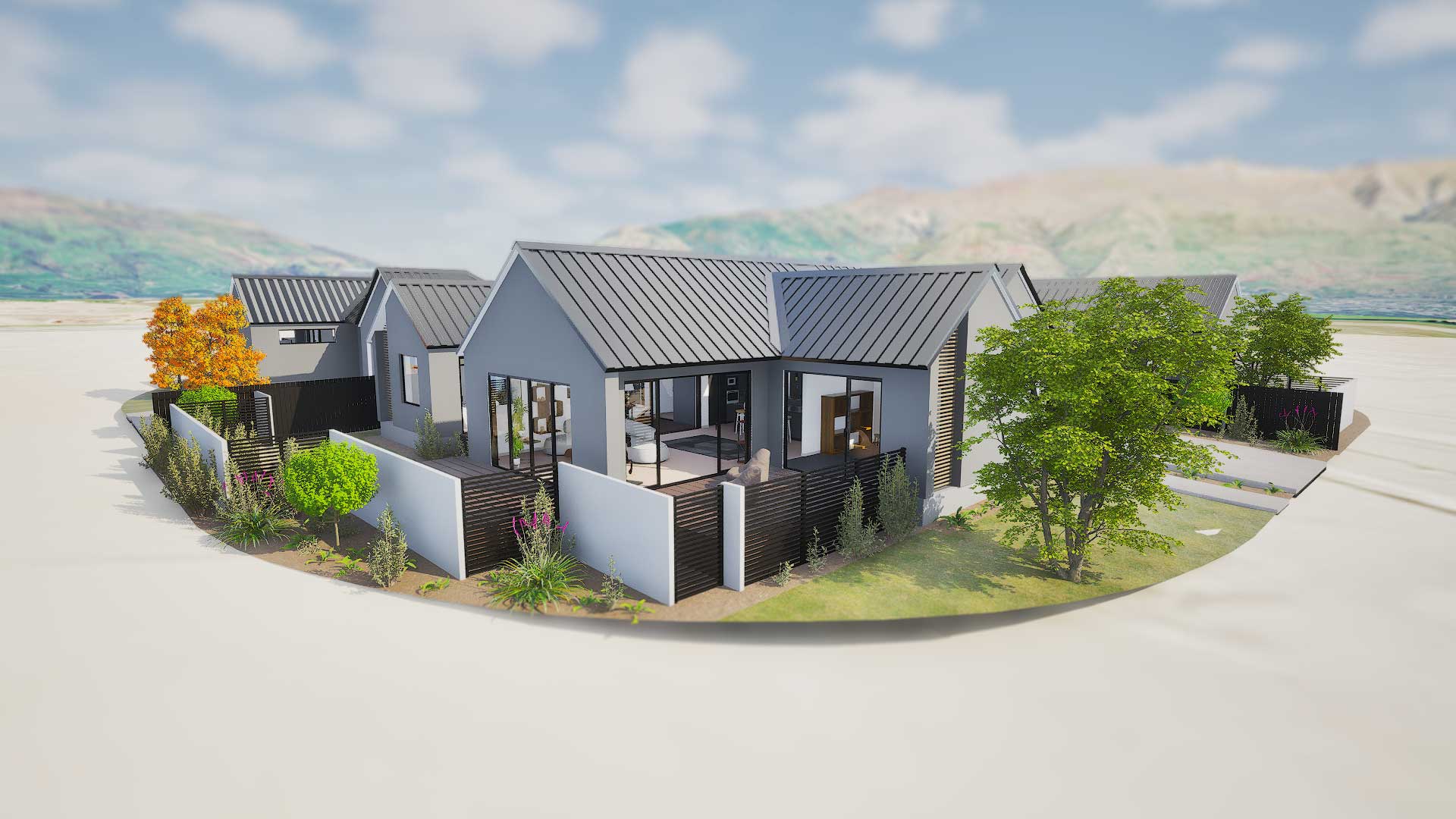 Digital twin of a single-storey home and its neighbours, shown as an aerial cut-out with the garden and interiors visible
