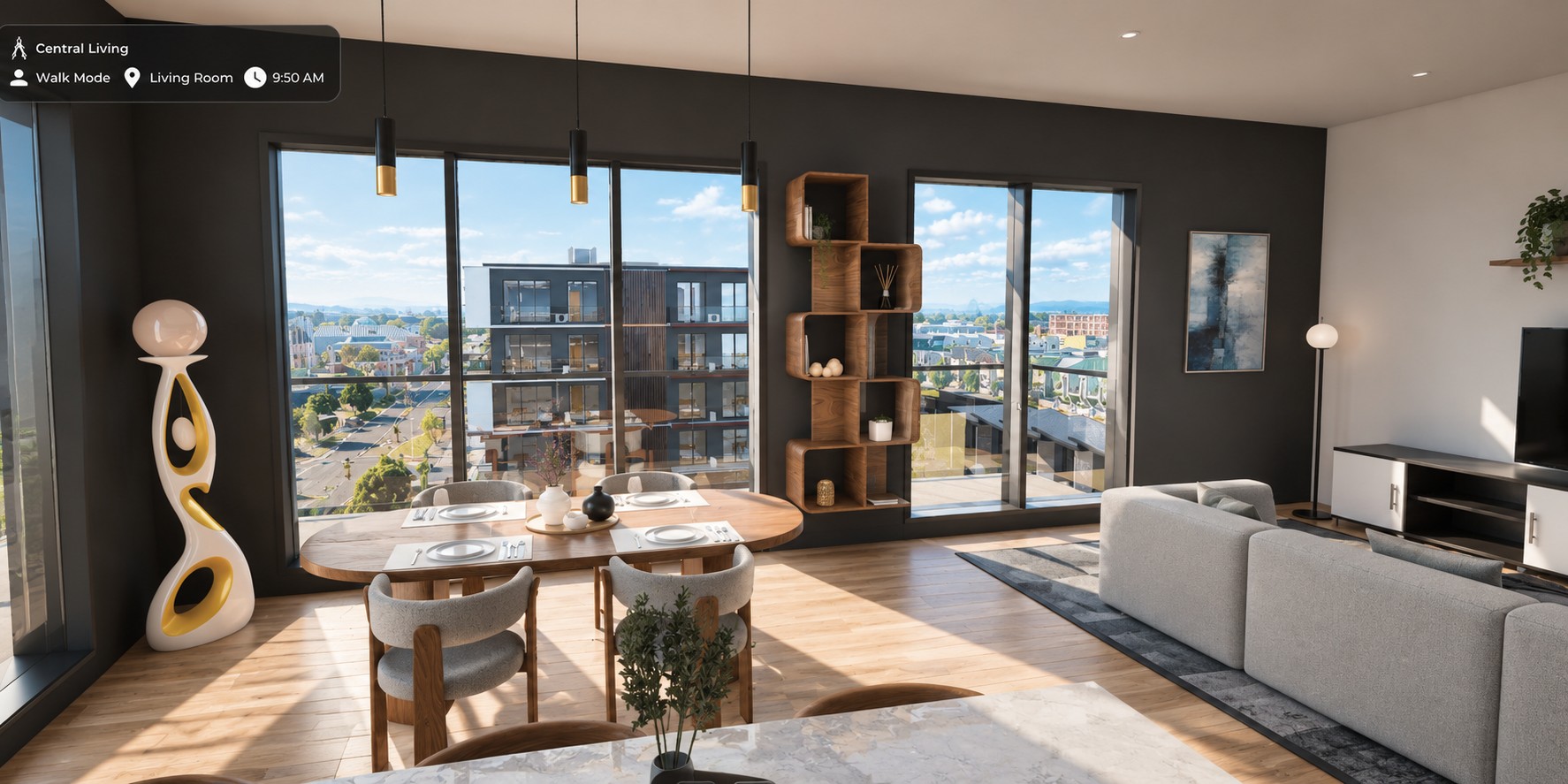 Living room interior looking out of the window towards the city
