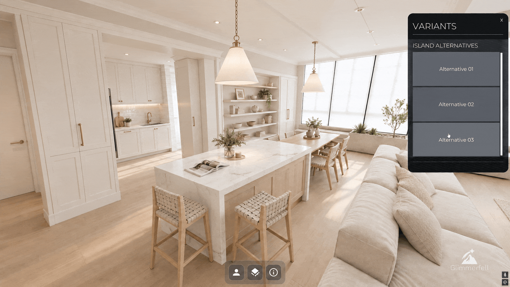 Kitchen and living area inside a digital twin, with a Variants panel offering three kitchen island alternatives
