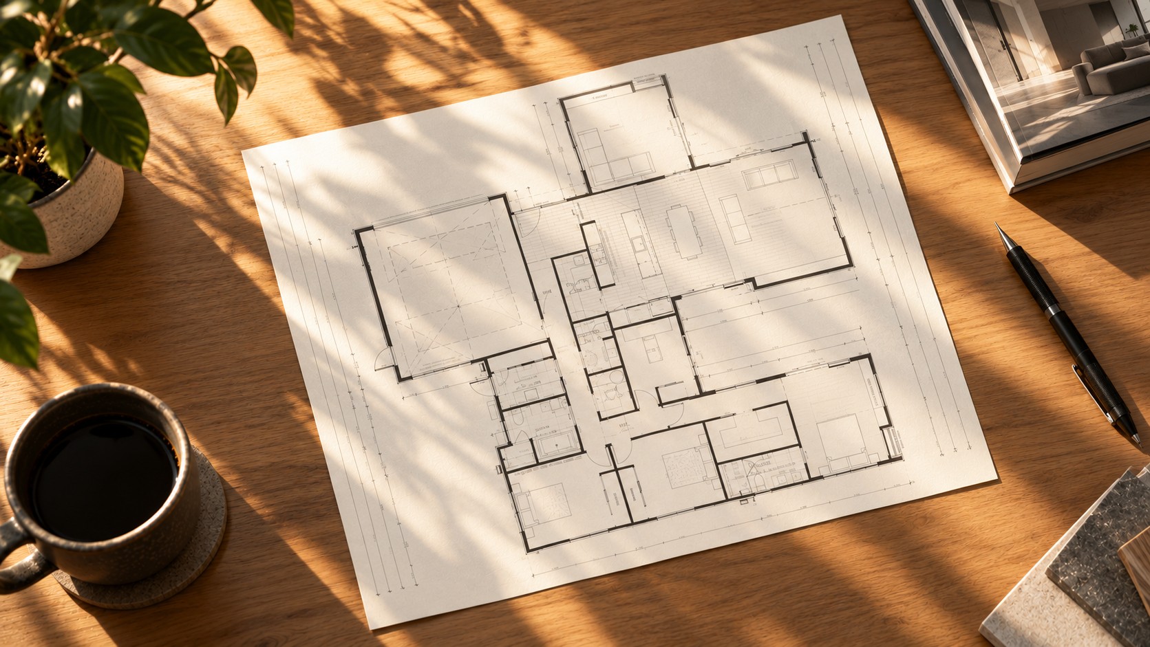 Printed floor plan of a single-storey home on a sunlit desk, next to a coffee cup, a pen and material samples